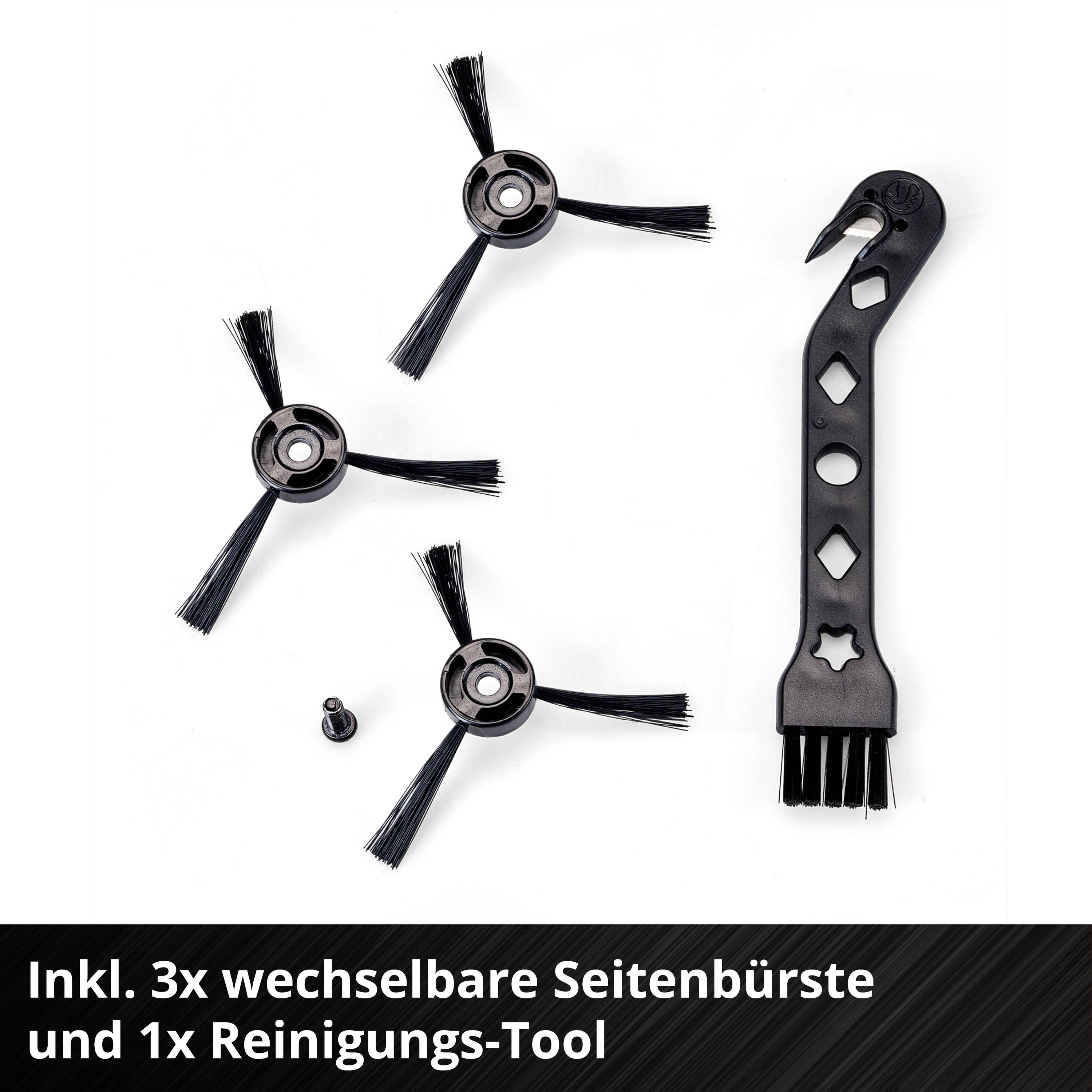 'Y compris 3 brosses latérales interchangeables et 1 outil de nettoyage.' L'image montre trois brosses latérales pour un aspirateur et un outil.