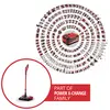 Image d'un aspirateur acoustique rouge, faisant partie de la famille 'Power X-Change', entouré de nombreux outils compatibles disposés en un motif circulaire.
