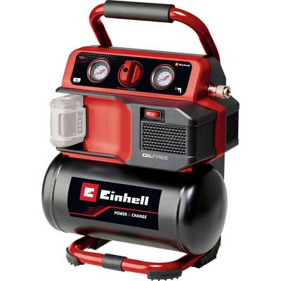 Compresseur d'air portable sans huile Einhell rouge avec poignée, manomètres, interrupteur d'alimentation et réservoir sur une base à roulettes.
