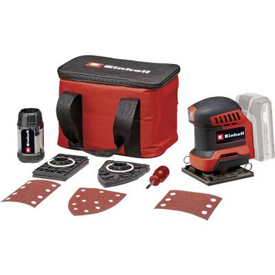 Ensemble de ponceuse multifonction Einhell avec pochette de rangement rouge : comprend une ponceuse, un récipient à poussière, du papier de verre et des accessoires.