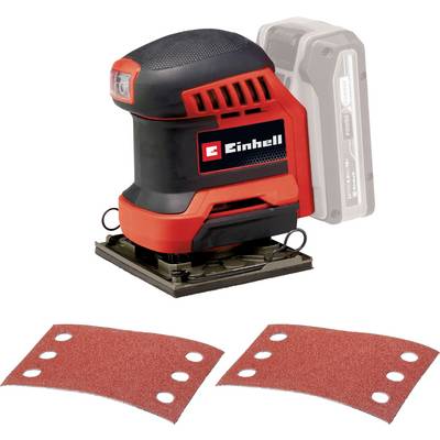 Un ponceuse multifonction sans fil Einhell rouge et noir avec deux feuilles de ponçage de rechange brun-rougeâtre. L'appareil présente une tête de ponçage carrée.