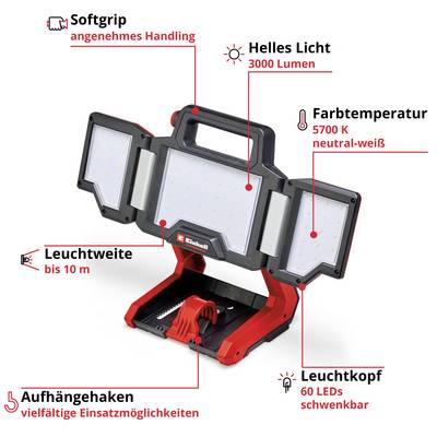 Un projecteur de travail LED polyvalent avec une température de couleur de 5700 K, une tête pivotante, une luminosité de 3000 lumens et une poignée ergonomique à surface douce.