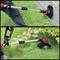 Une image montre un homme tondant l'herbe et les mauvaises herbes avec un coupe-herbe électrique sur une pelouse.