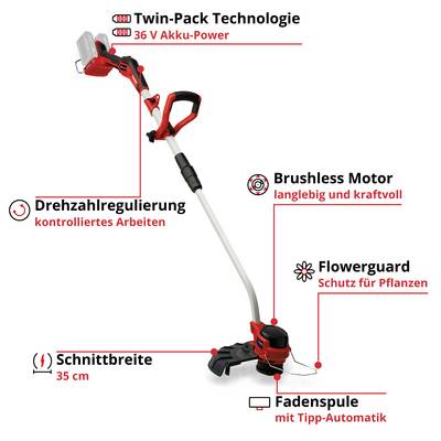 'Coupe-bordures avec technologie Twin-Pack et batterie 36V. Comprend la régulation de vitesse, moteur brushless, Flowerguard, largeur de coupe de 35 cm, bobine de fil avec fonction tip-automatique.'