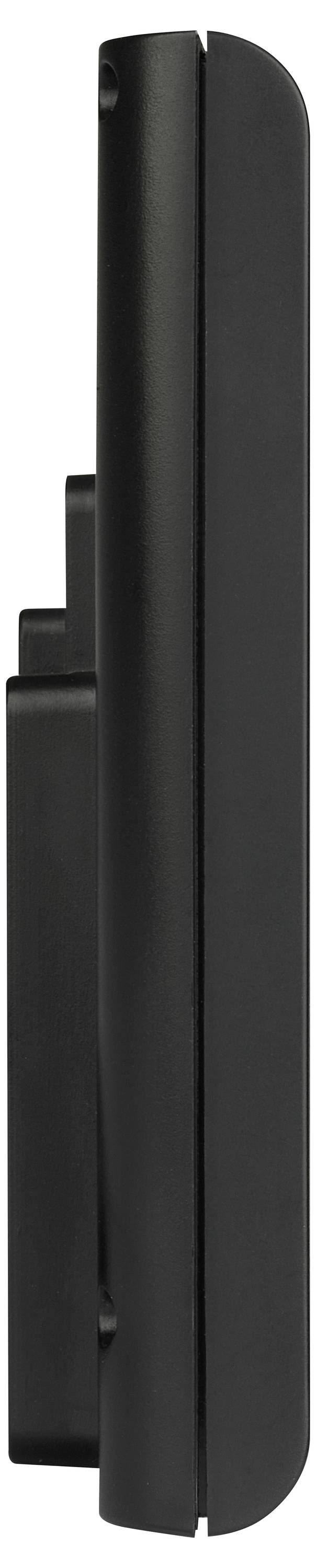 Objet cylindrique noir avec un bord arrondi, vu de côté.