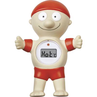 Figurine de jouet en maillot de bain avec un thermomètre intégré sur la poitrine. L'affichage indique 'Chaud'.
