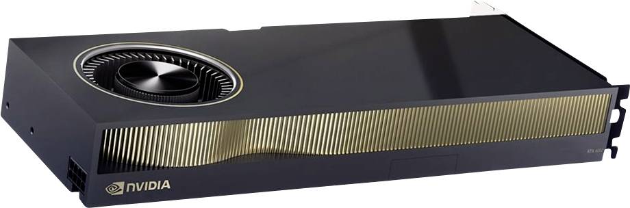 Une carte graphique Nvidia avec un boîtier noir et un accent doré. Ventilateur visible, logo Nvidia sur le côté et connecteurs à l'arrière.