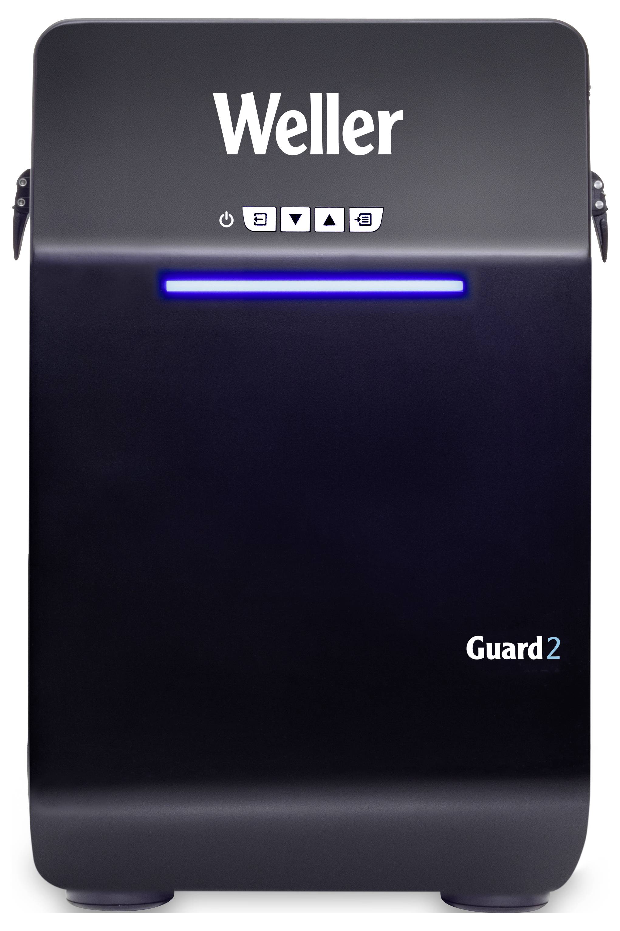 'Station de soudage Weller Guard2, façade noire, éclairée d'une bande bleue, boutons de commande en haut, poignées portables sur les côtés.'