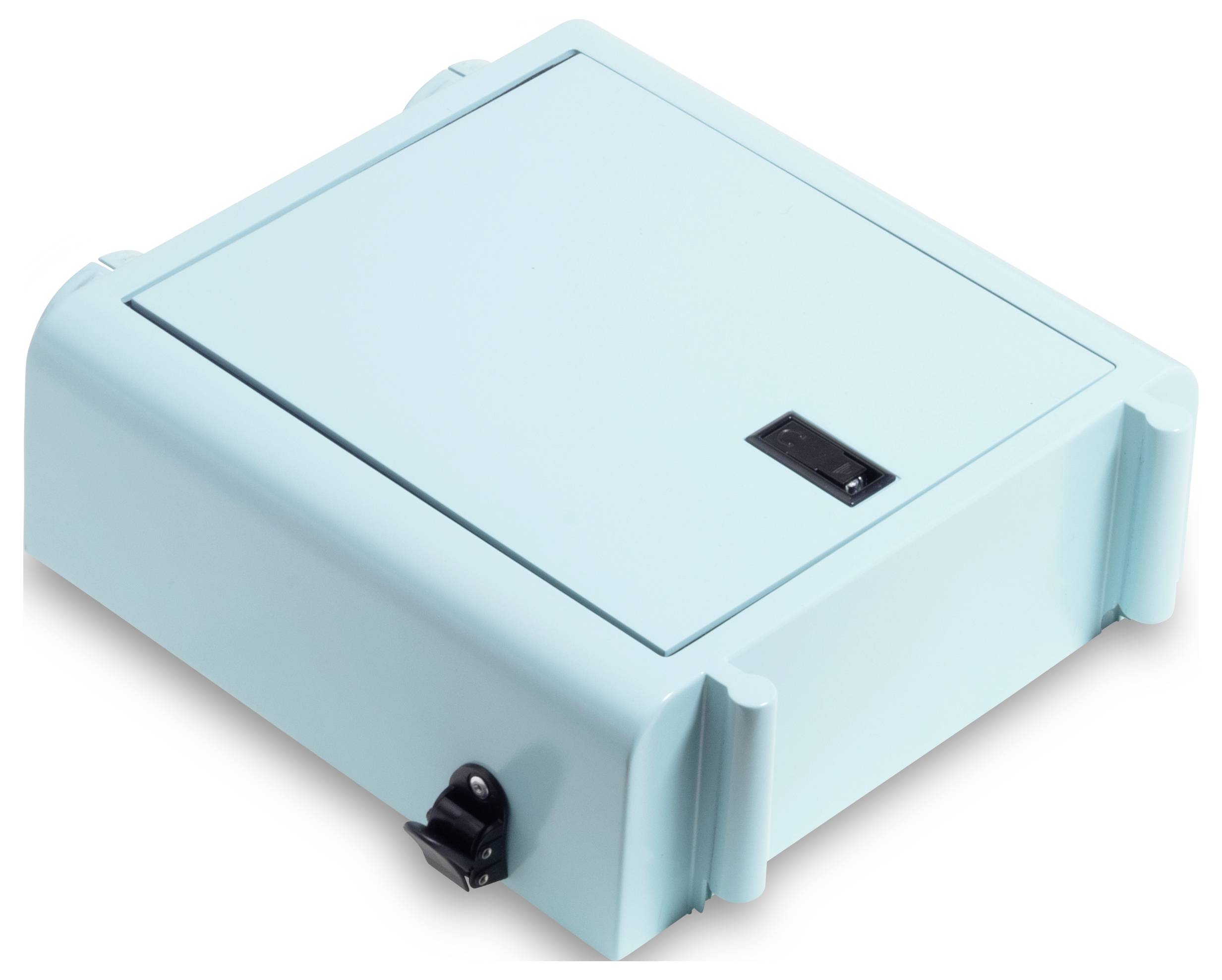 Un boîtier électronique turquoise rectangulaire avec un interrupteur noir et un verrou à fermeture sécurisée, petit et compact.