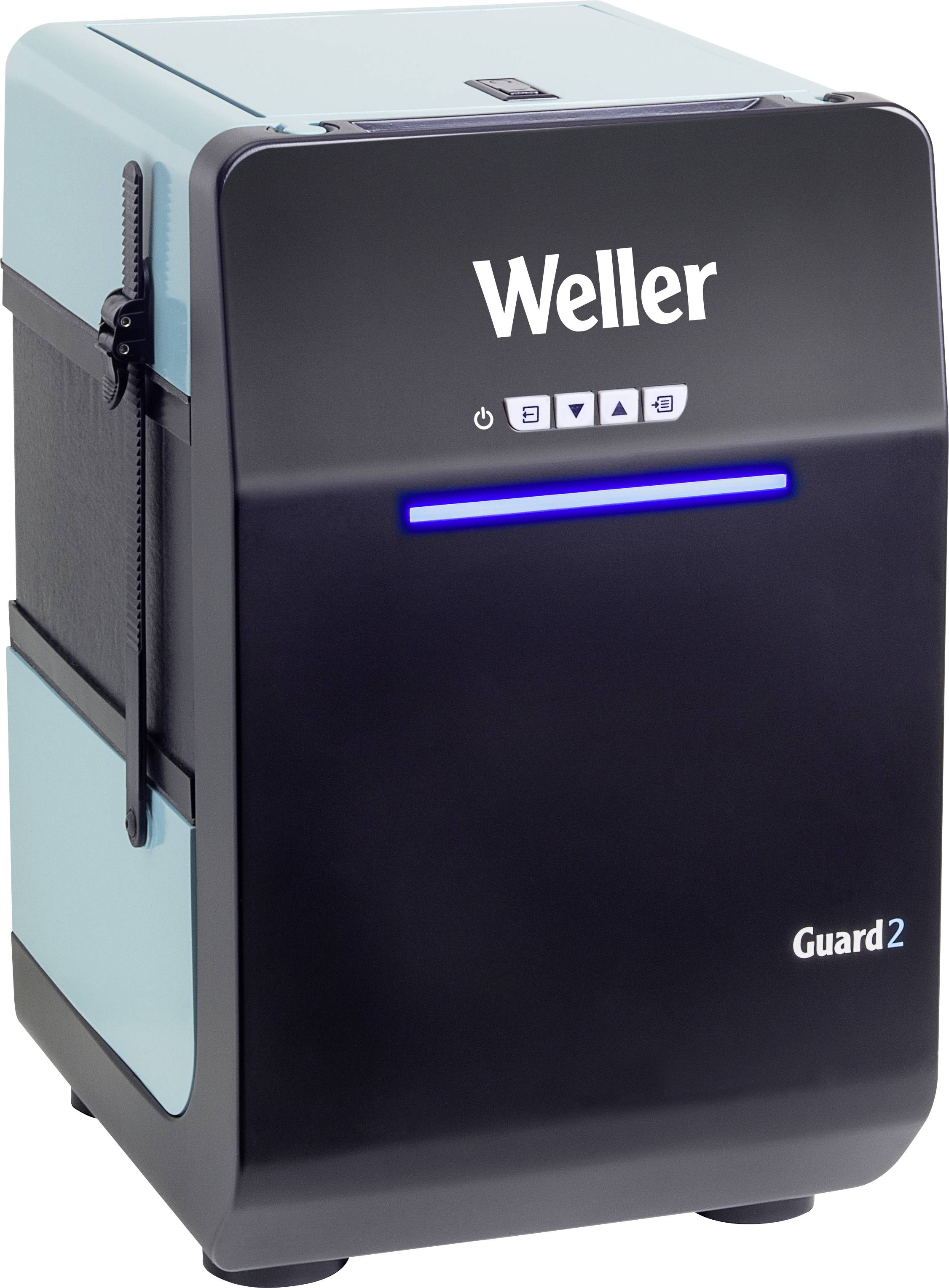 Un nettoyant pour fer à souder bleu et noir portant l'inscription 'Weller Guard 2'. Idéal pour nettoyer les pointes de soudure.