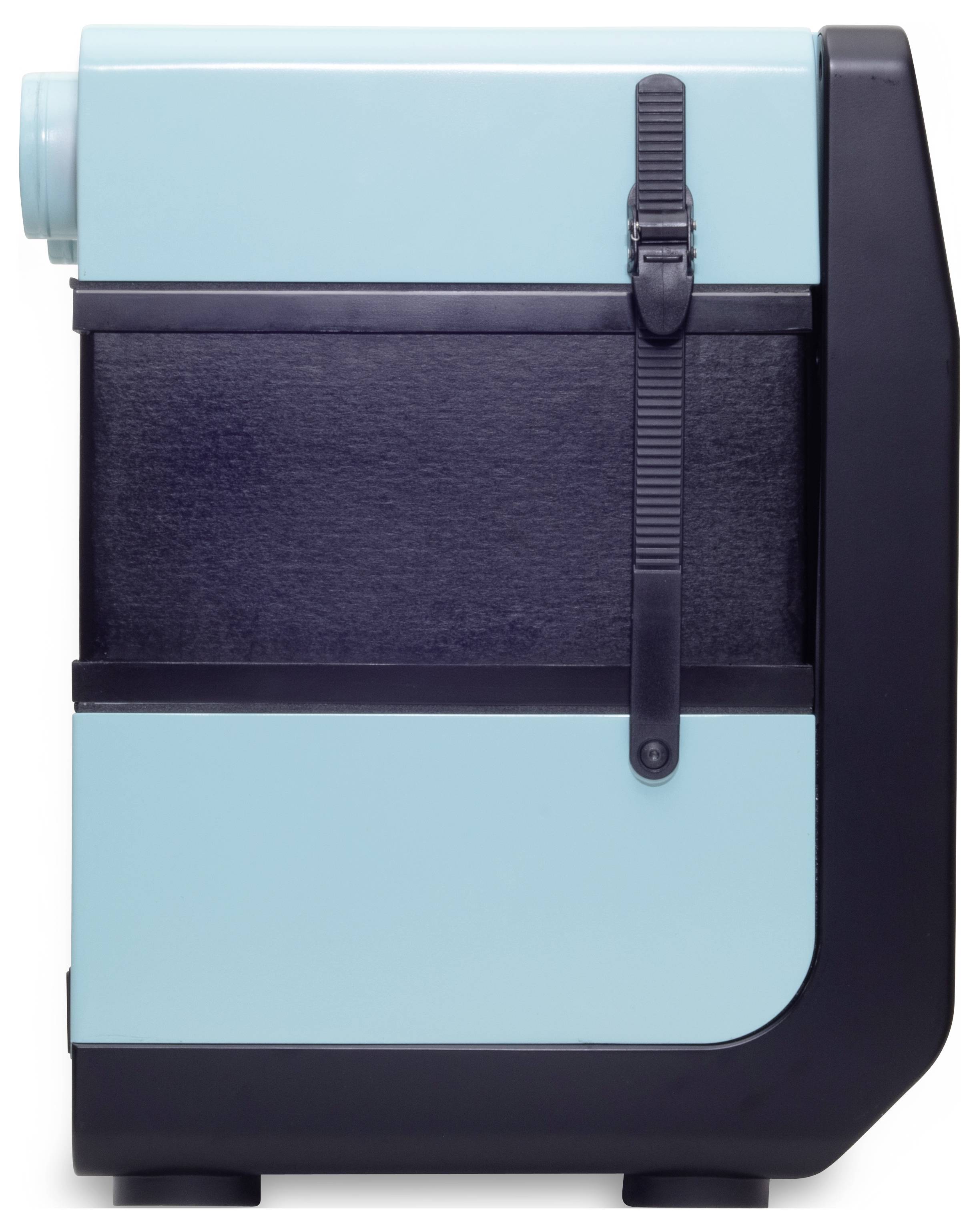 Appareil rectangulaire bleu aqua avec une bande noire et un boîtier noir.