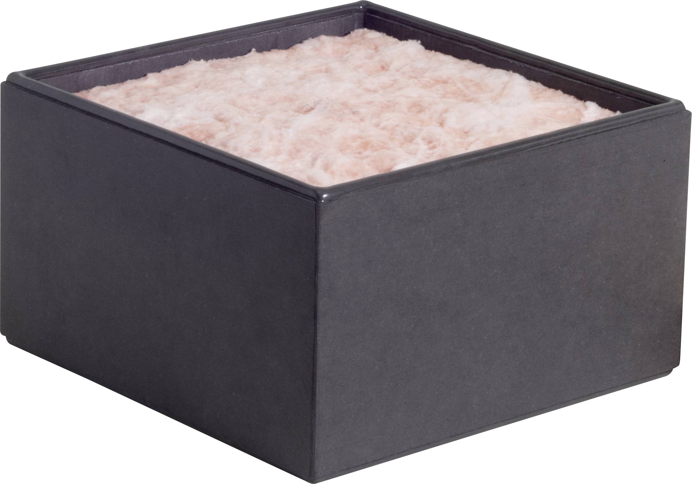 Une boîte noire carrée remplie de matériau isolant rose ressemblant à du coton d'sucre.
