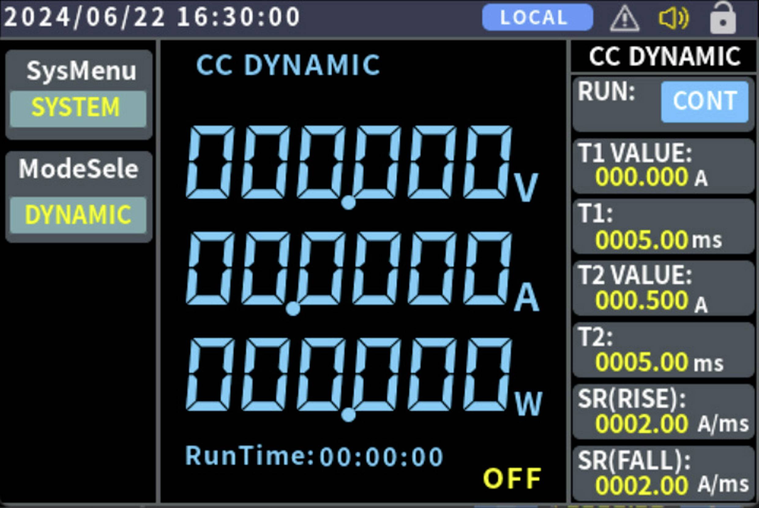 Écran de mesure d'un instrument affichant la tension, le courant et la puissance à des valeurs de 0, avec un temps en cours à 00:00:00. Mode : CC Dynamique.