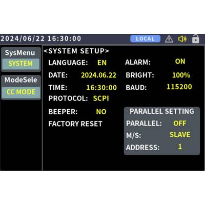 Menu d'écran des paramètres système. Langue : EN, Date : 2024.06.22, Heure : 16:30:00, Alarme : ACTIVÉE, Luminosité : 100%, Débit en bauds : 115200.