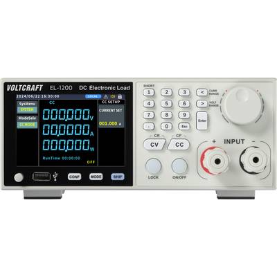 Appareil 'VOLTCRAFT EL-1200 DC Electronic Load' avec affichage numérique présentant les paramètres système, le courant, la tension et la puissance. Boutons de réglage et touches de commande sur la droite.