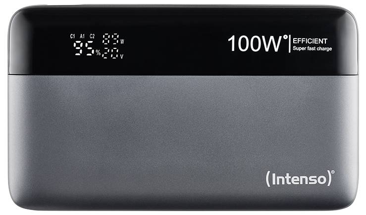 Batterie externe Intenso de 100W avec capacité de charge rapide. Un affichage numérique situé en haut à gauche indique les informations de charge.