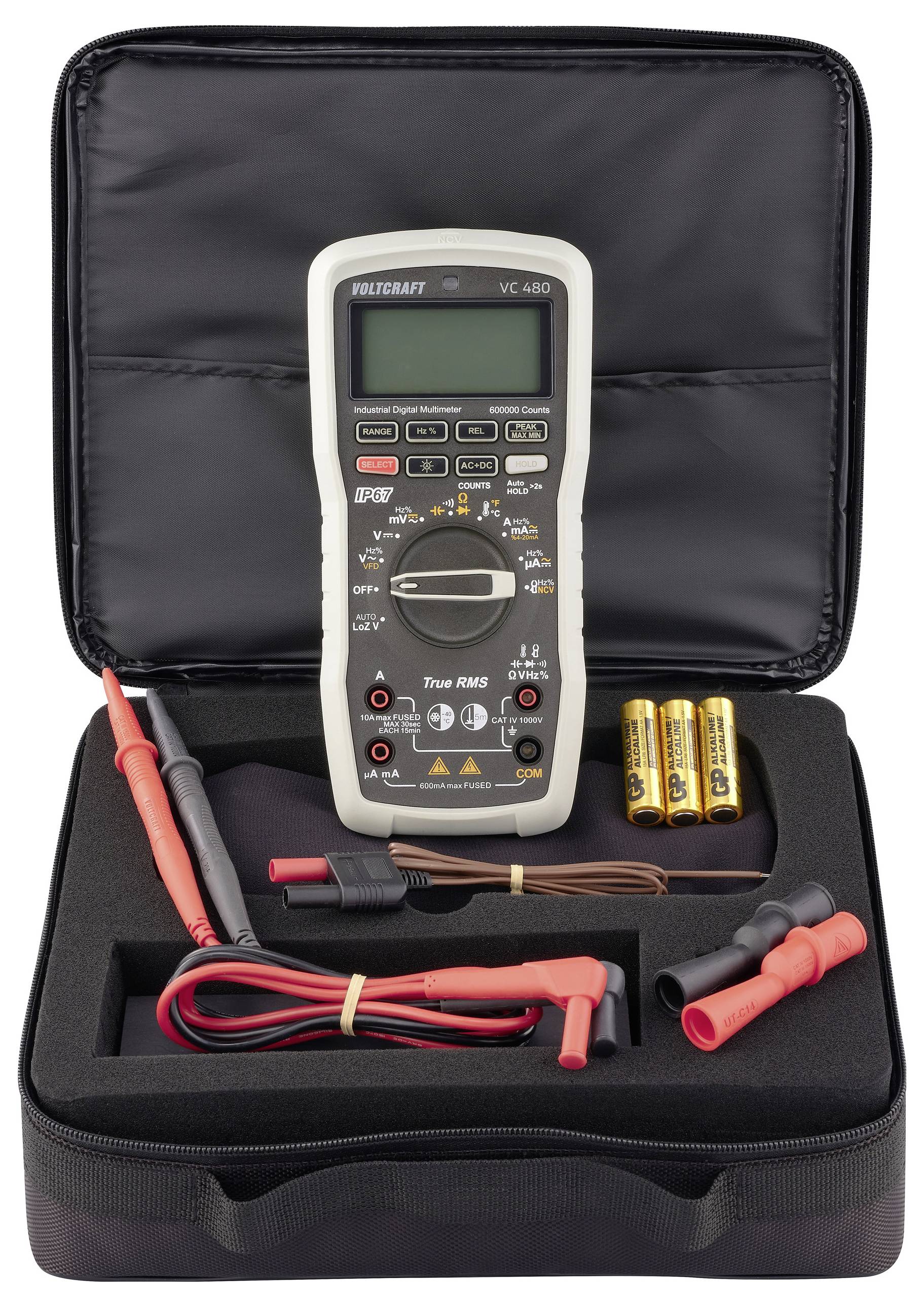Multimètre numérique avec câbles, batteries et sacoche de rangement, adapté aux mesures en électronique et en électrotechnique.