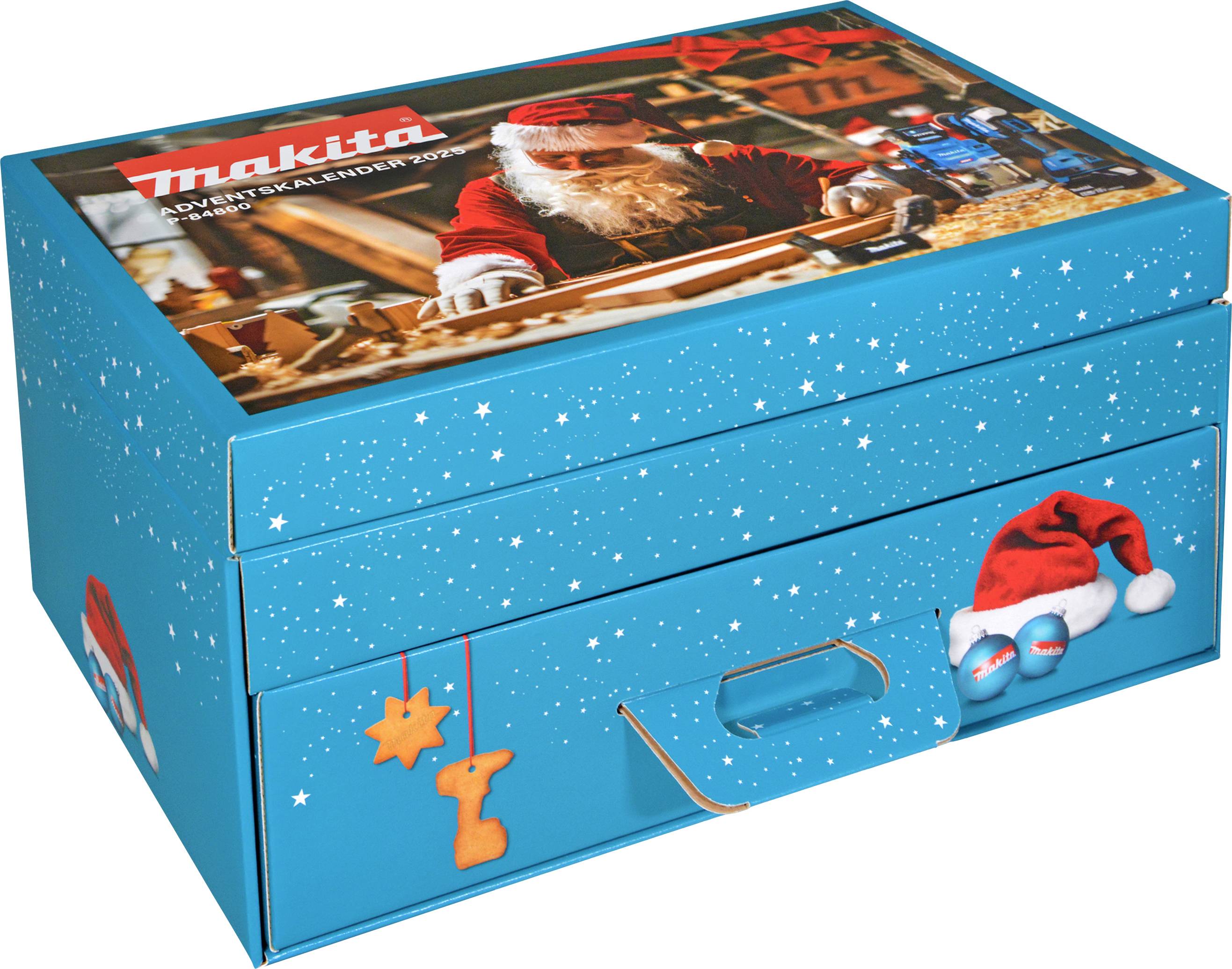 Un boîte Makita bleue sur le thème des fêtes, montrant le Père Noël travaillant avec des outils et des ornements. La boîte est décorée d'étoiles et d'icônes festives.