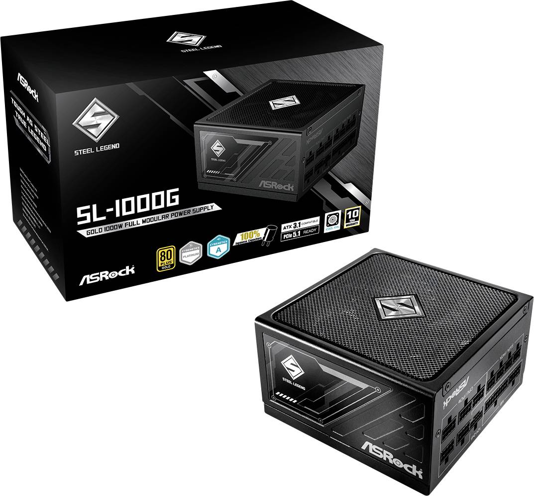 Vue de l'emballage de l'alimentation 'ASRock Steel Legend SL-1000G'. Caractéristiques : 1000W de puissance, certification 80 Plus Gold, entièrement modulaire.