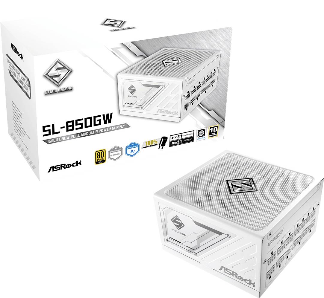 Boîtier d'alimentation PC blanc, totalement modulaire, d'ASRock de 850W, certifié Gold et doté d'un design silencieux.