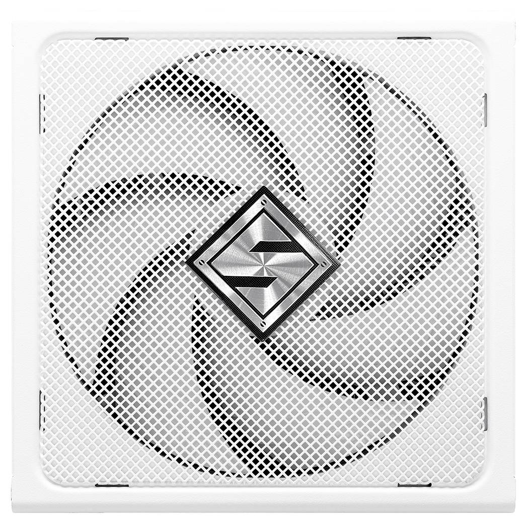 Un ventilateur blanc avec un cadre carré et un design de grille moderne ; logo central stylisé en forme de 'S'.