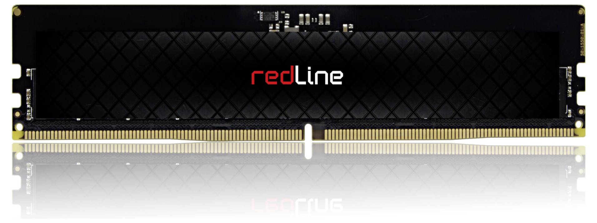 Module de RAM avec dissipateur thermique noir et inscription 'redLine' en rouge et blanc, montrant les spécifications de performance de la mémoire.