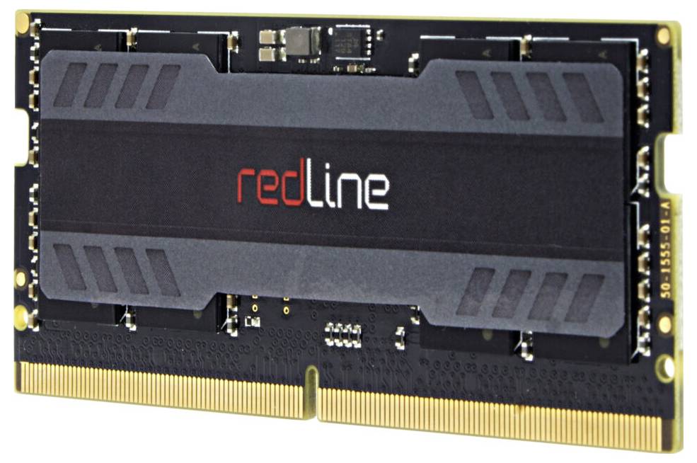 Un module RAM avec un dissipateur thermique noir affichant le mot 'redLine' en blanc et rouge. Adapté pour l'installation dans des ordinateurs.