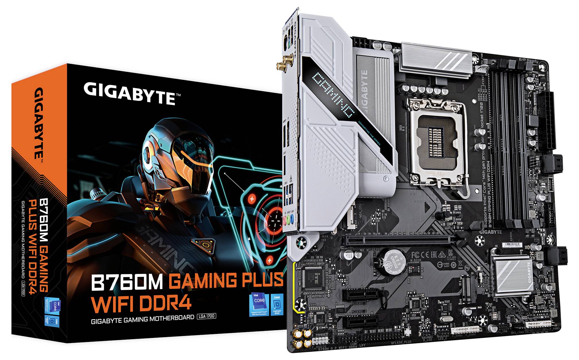 Carte mère Gigabyte B760M Gaming Plus et son emballage. La carte mère présente plusieurs emplacements, des dissipateurs thermiques et des connecteurs.