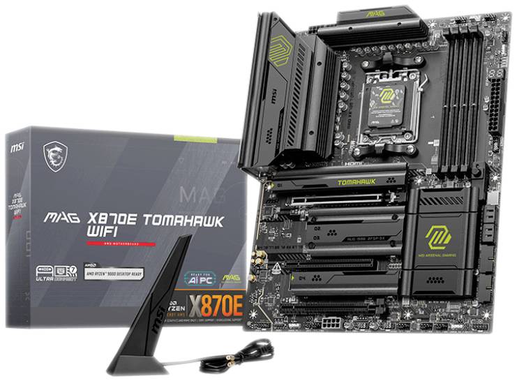 L'image principale présente la carte mère MSI MAG X670E Tomahawk WiFi, accompagnée de son emballage et de son antenne, compatible avec le socket AMD AM5 et au format ATX.