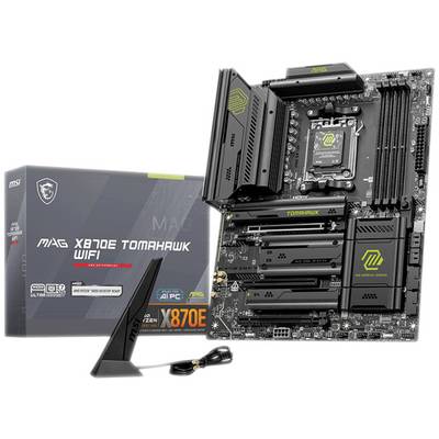 L'image principale présente la carte mère MSI MAG X670E Tomahawk WiFi, accompagnée de son emballage et de son antenne, compatible avec le socket AMD AM5 et au format ATX.