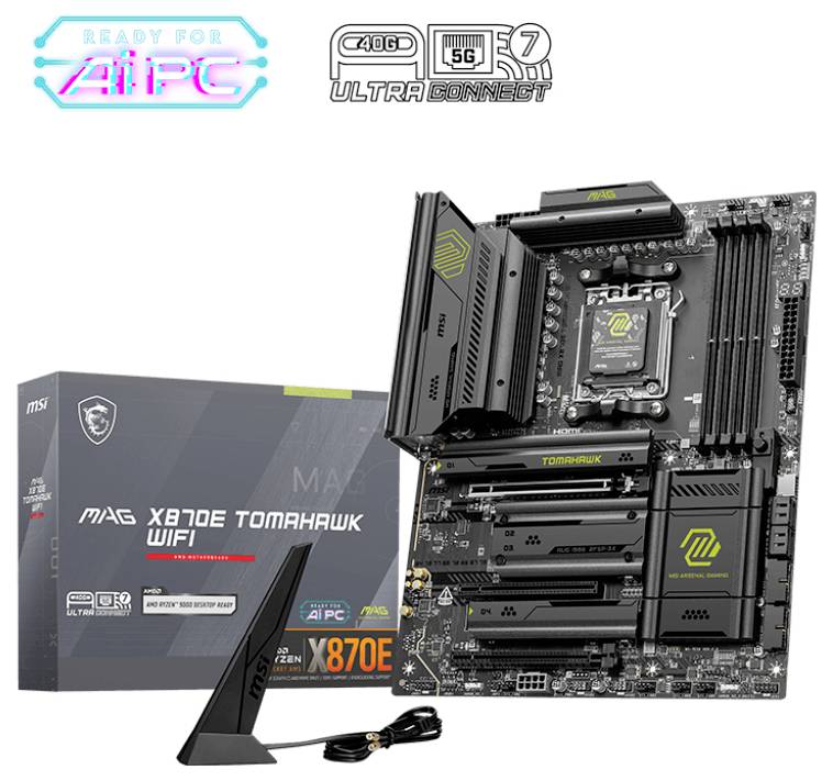 Un motherboard MSI MAG X670E TOMAHAWK WIFI à côté de son emballage. Comprend WIFI 6E, Ultra Connect, support AI PC et USB-C.
