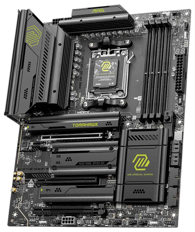 Une carte mère de gaming avec plusieurs emplacements PCIe, slots pour RAM, socket CPU et dissipateurs thermiques, adaptée aux PC haute performance.