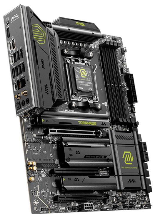 Une carte mère d'ordinateur avec plusieurs emplacements PCIe, emplacements pour RAM et connecteurs. Elle est estampillée de la marque 'MAG Tomahawk'.