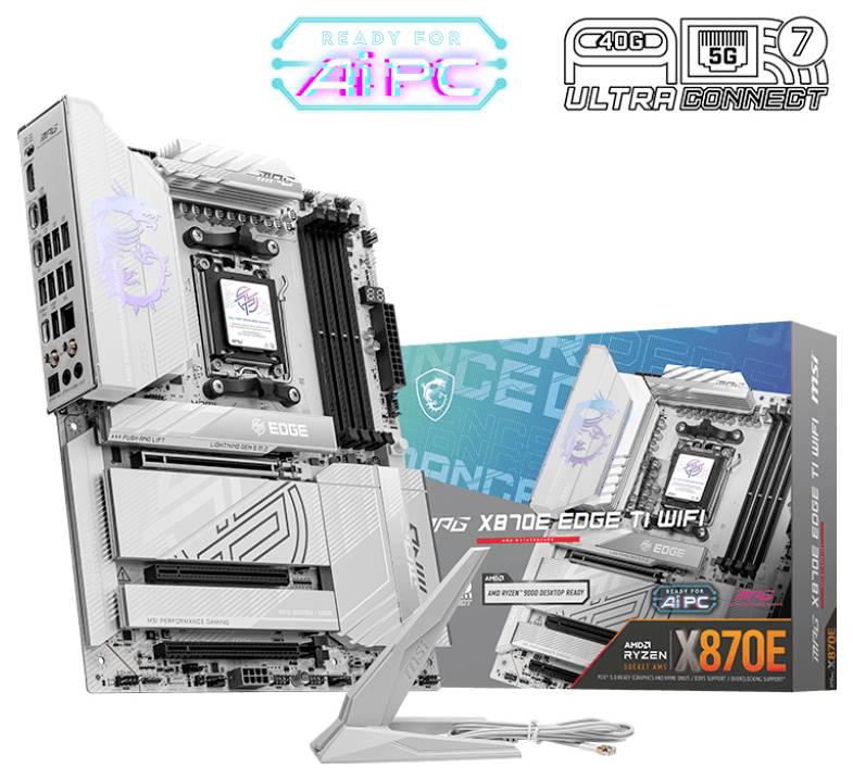 Carte mère pour assemblage PC avec fonction Wi-Fi, modèle X670E, présentée dans son emballage. Compatible avec les processeurs AMD Ryzen. Comprend une antenne.