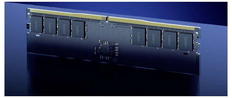 Un module RAM avec plusieurs puces noires sur une surface lisse bleue, éclairé par une lumière bleue.