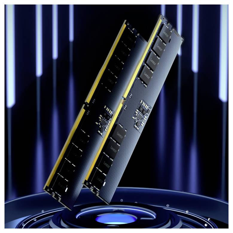 Deux modules de RAM DDR4 sont disposés verticalement devant un arrière-plan bleu futuriste, symbolisant des éléments numériques et technologiques.