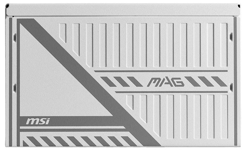Façade avant blanche d'un boîtier MSI MAG avec des rayures diagonales grises et l'inscription 'msi MAG'.