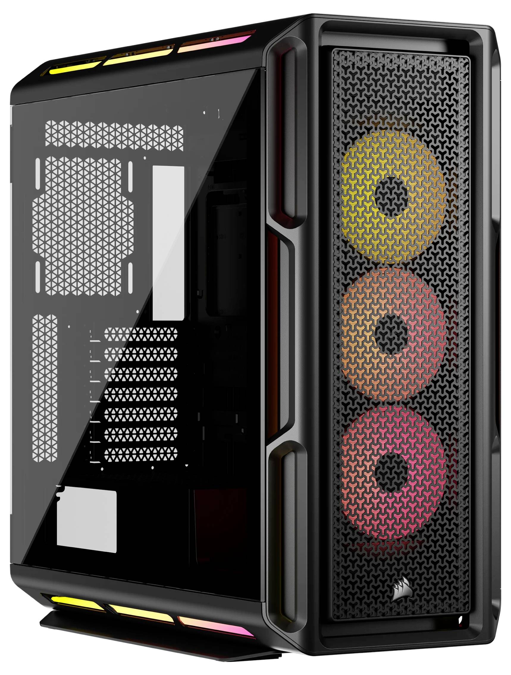 Un boîtier PC moderne avec trois ventilateurs éclairés à l'avant et un panneau latéral en verre trempé.