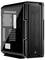 Un boîtier d'ordinateur noir vide avec un panneau latéral transparent et un avant perforé. Il offre de l'espace pour plusieurs ventilateurs et cartes d'extension.