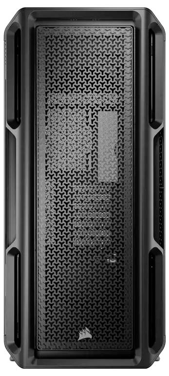 Boîtier d'ordinateur noir en vue verticale avec façade perforée pour la circulation de l'air, design distinctif, idéal pour les PC de gaming et à haute performance.
