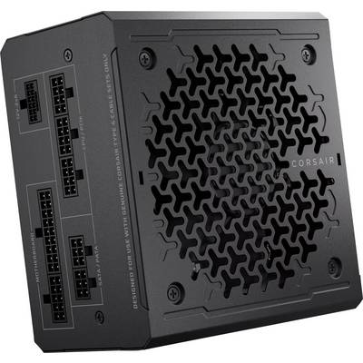 Bloc d'alimentation noir pour ordinateur avec design en grille, comportant des connecteurs pour la carte mère, le processeur et PCIe. La marque 'Corsair' est visible sur le dessus.