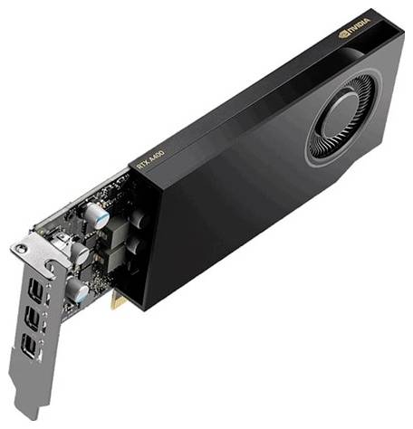 Une carte graphique noire, modèle 'RTX A4500', avec un ventilateur et quatre ports de connexion, est montrée en perspective de côté.