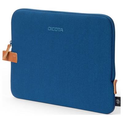 Sacoche bleue pour ordinateur portable avec fermeture à glissière et détails en cuir orange, le nom de marque 'Dicota' est visible.