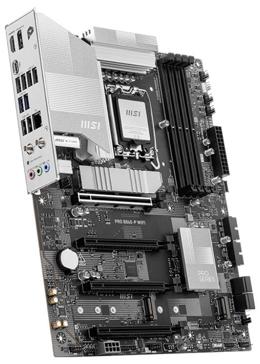 Une carte mère d'ordinateur avec plusieurs emplacements et connecteurs, comprenant des ports USB et Ethernet, adaptée aux ordinateurs de bureau.