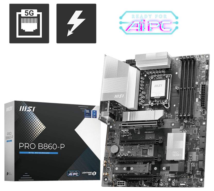 Carte mère MSI PRO B860-P à côté de son emballage, affichant des logos 5G et un symbole de foudre, avec l'inscription « AI PC Ready » en haut.