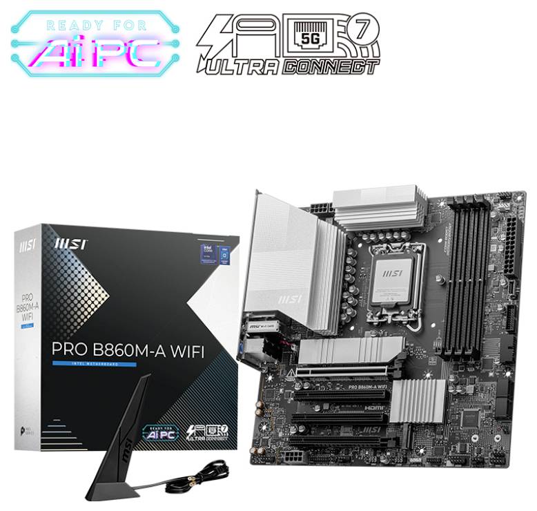 Carte mère MSI PRO B860M-A WIFI avec emballage et antenne. Prend en charge AI PC et Ultra Connect. Adapté aux applications de bureau et de jeu.