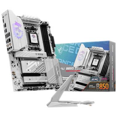 Carte mère MSI B550 EDGE TI WIFI avec dissipateurs thermiques et connecteurs, présentant son emballage compatible. Compatible Ryzen 5000, WiFi 6 intégré.
