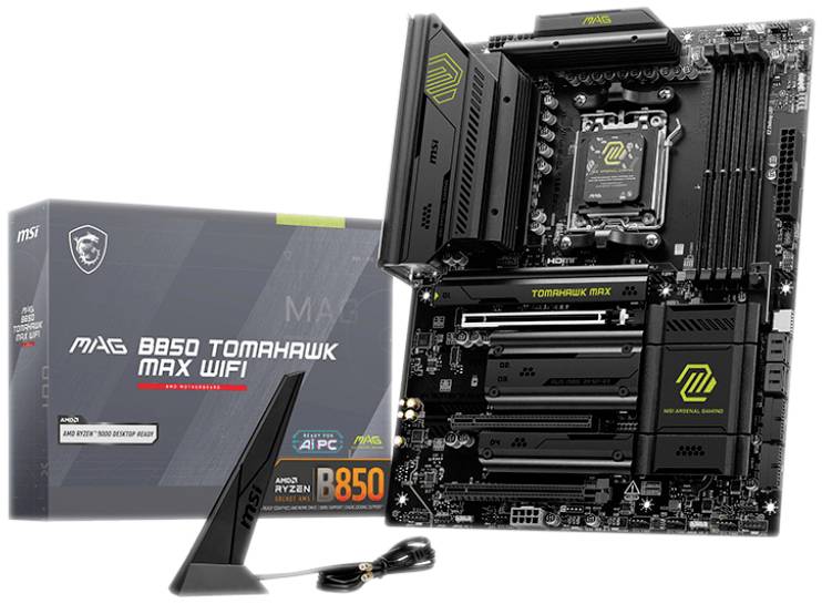 Image d'une carte mère MSI B550 Tomahawk MAX WIFI avec son emballage et son antenne. Compatible avec les processeurs AMD Ryzen.