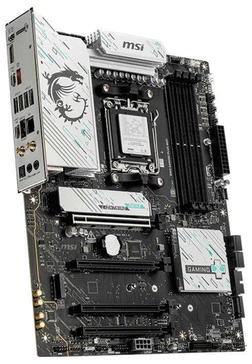 Un motherboard de gaming moderne vu de côté, montrant différents ports, emplacements et un dissipateur thermique blanc distinctif avec un logo de dragon.