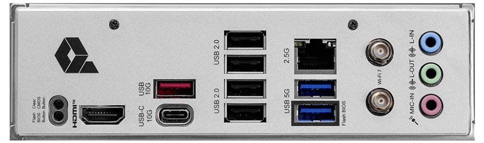 Dos d'un boîtier d'ordinateur avec connecteurs : HDMI, USB-C, quatre USB 2.0, deux USB 3.0, Ethernet, entrées et sorties audio.